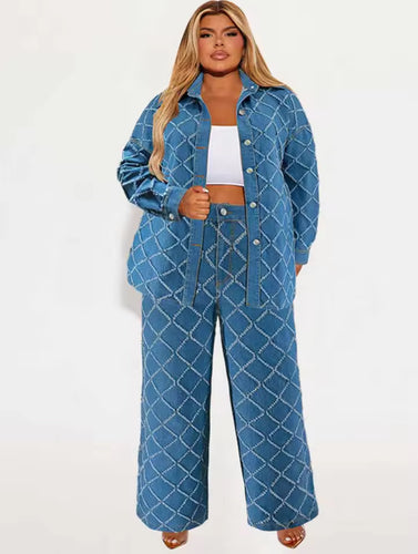 Plus Size Two-piece Denim Pant Suit