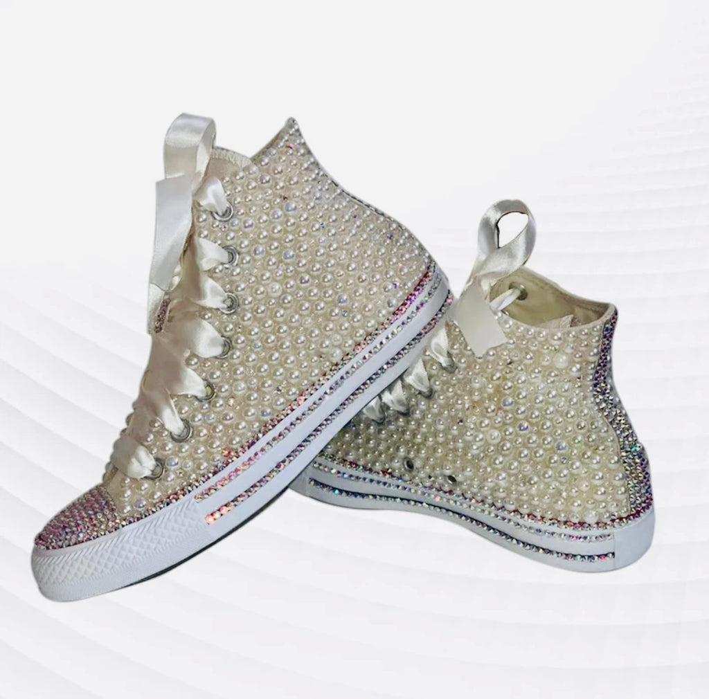 High-top Bling pearl rhinestone sneakers