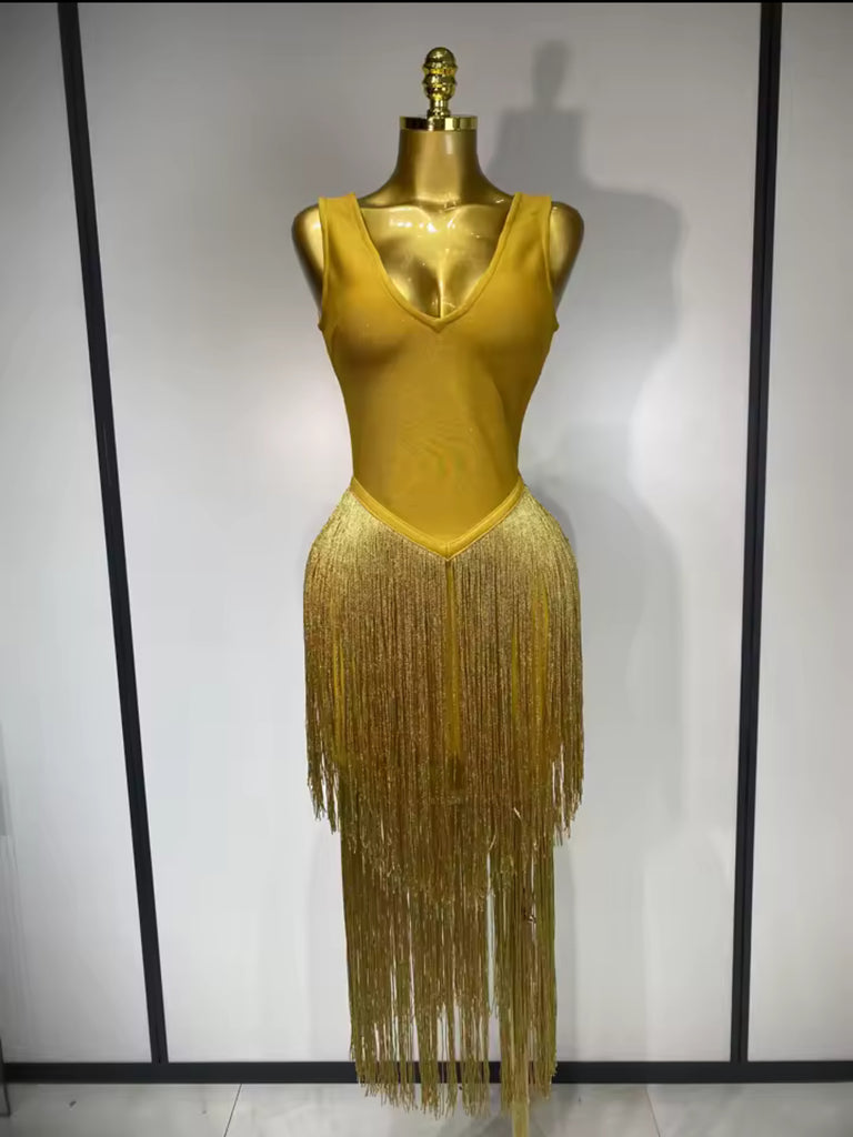 Red Carpet Gold Fringe Luxury Dress