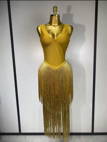 Red Carpet Gold Fringe Luxury Dress