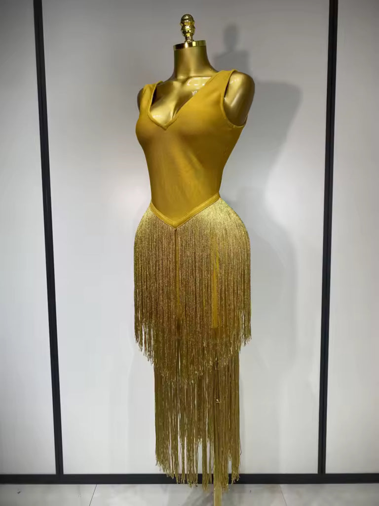Red Carpet Gold Fringe Luxury Dress