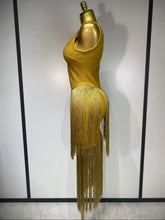 Load image into Gallery viewer, Red Carpet Gold Fringe Luxury Dress