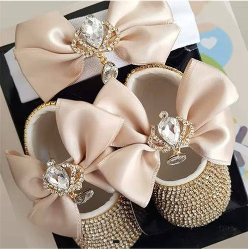 Bow Bling Rhinestone Baby Shoes with Crown Headband