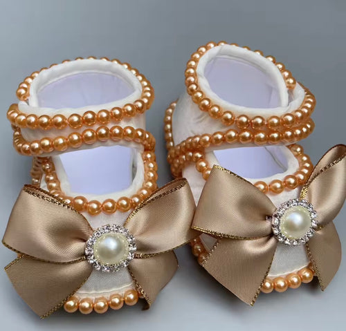 Gold Pearl Design Bow Baby Shoes