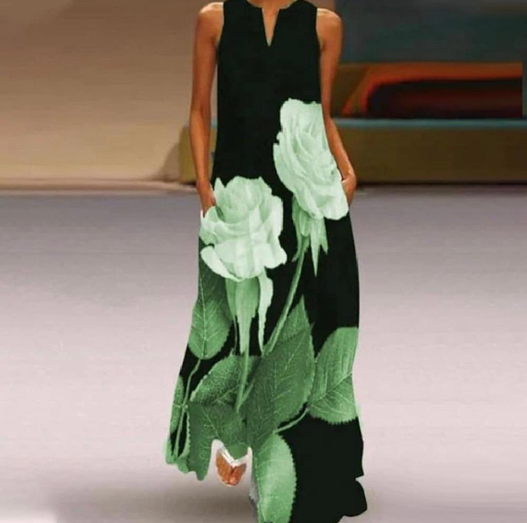 Walk The Runway Flower Printed Dress (Green)